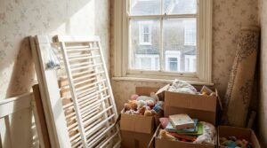 A child's bedroom being packed for a move, with a partly dismantled cot, boxes of toys and books and a rolled-up rug
