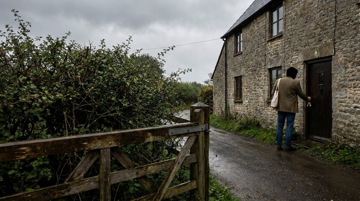 A person seen from behind unlocking the front door of a stone cottage on a quiet lane