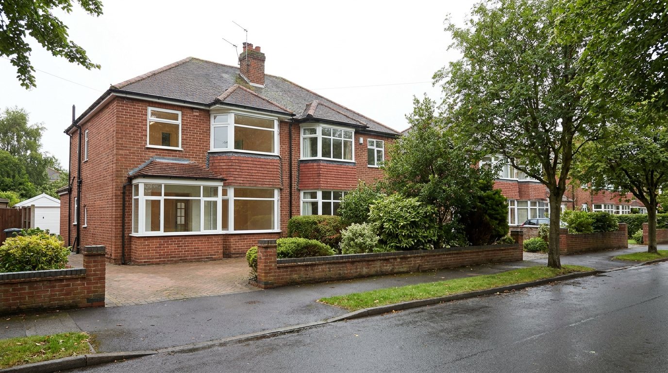 Red-brick 1930s semi-detached house with bare windows ready for sale